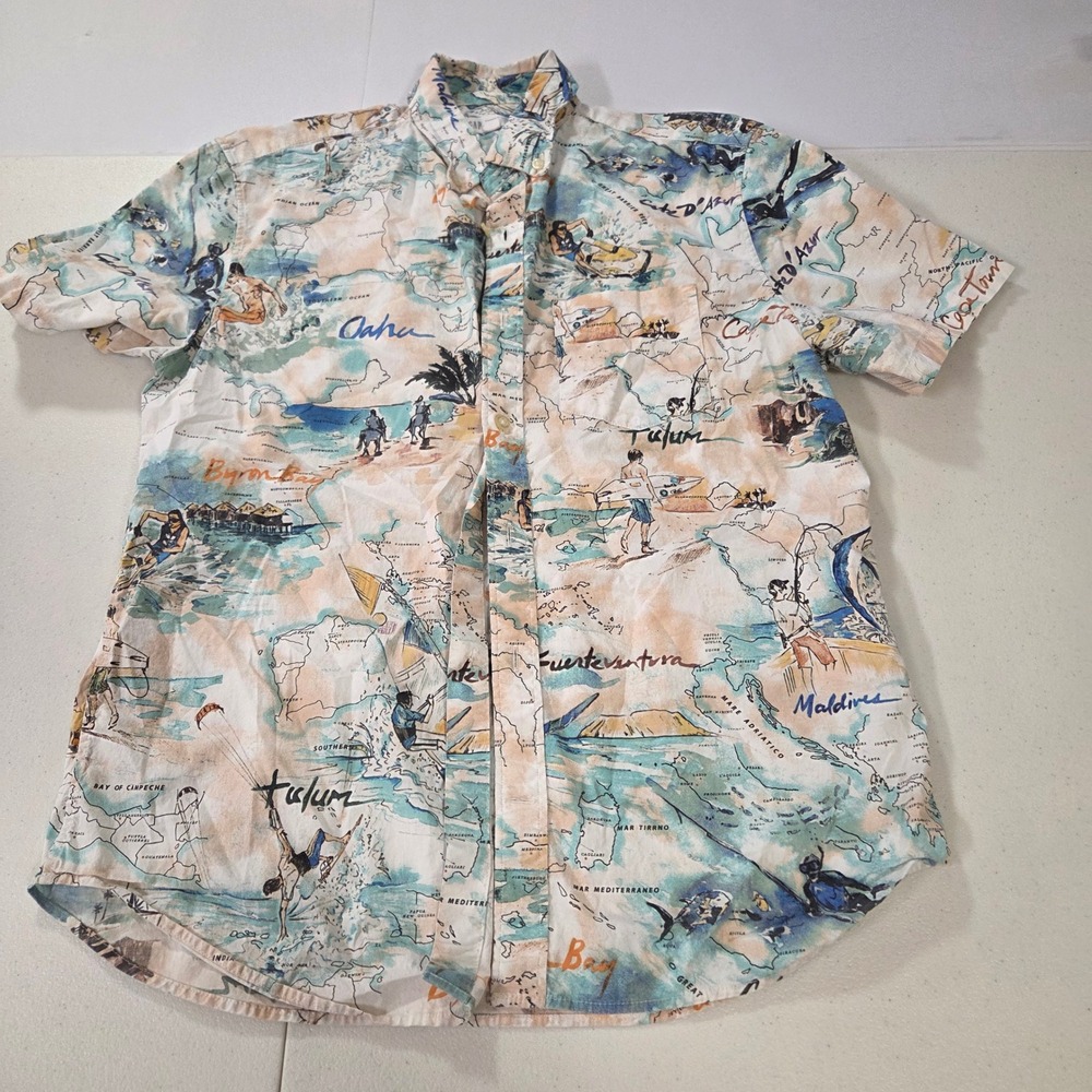 GAP Mens Medium Standard Fit Stretch World Map Travel Short Sleeve Button Down
